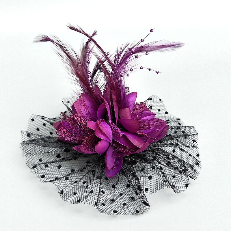 Dark Purple Net Hat Wedding Evening Party Flower Feather Fascinator/Headband