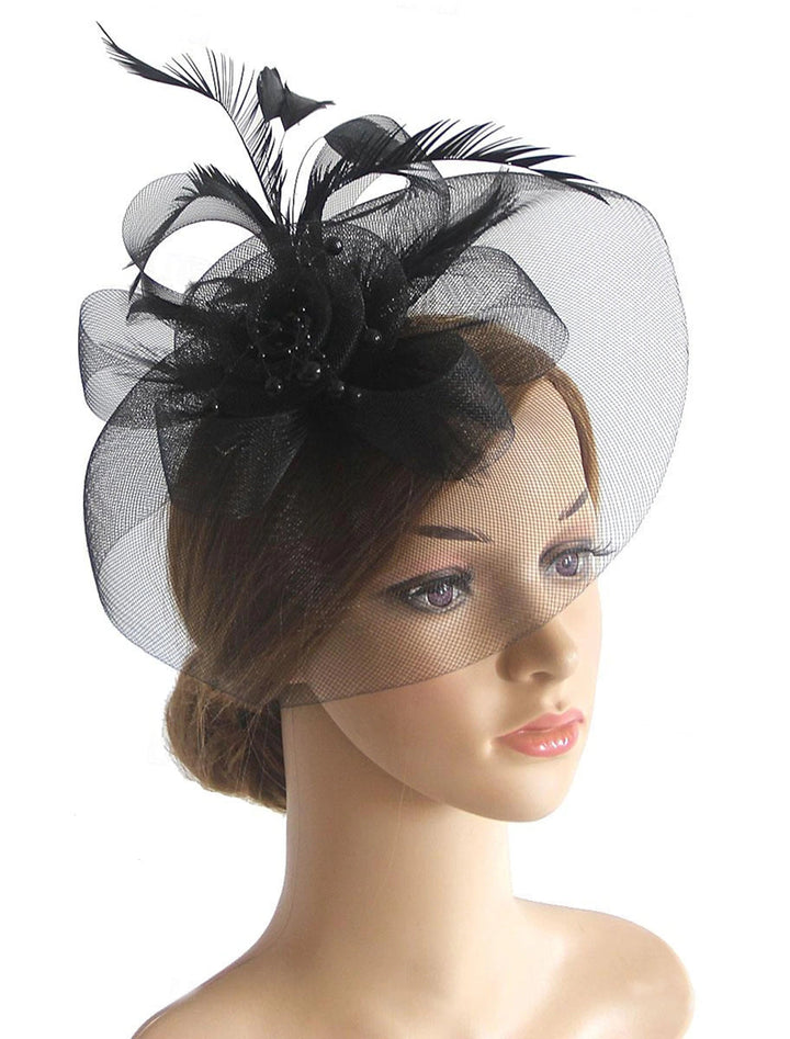 Vintage Organza Horse Race Cocktail Party Feather Veil Hat/Headpiece With Bow