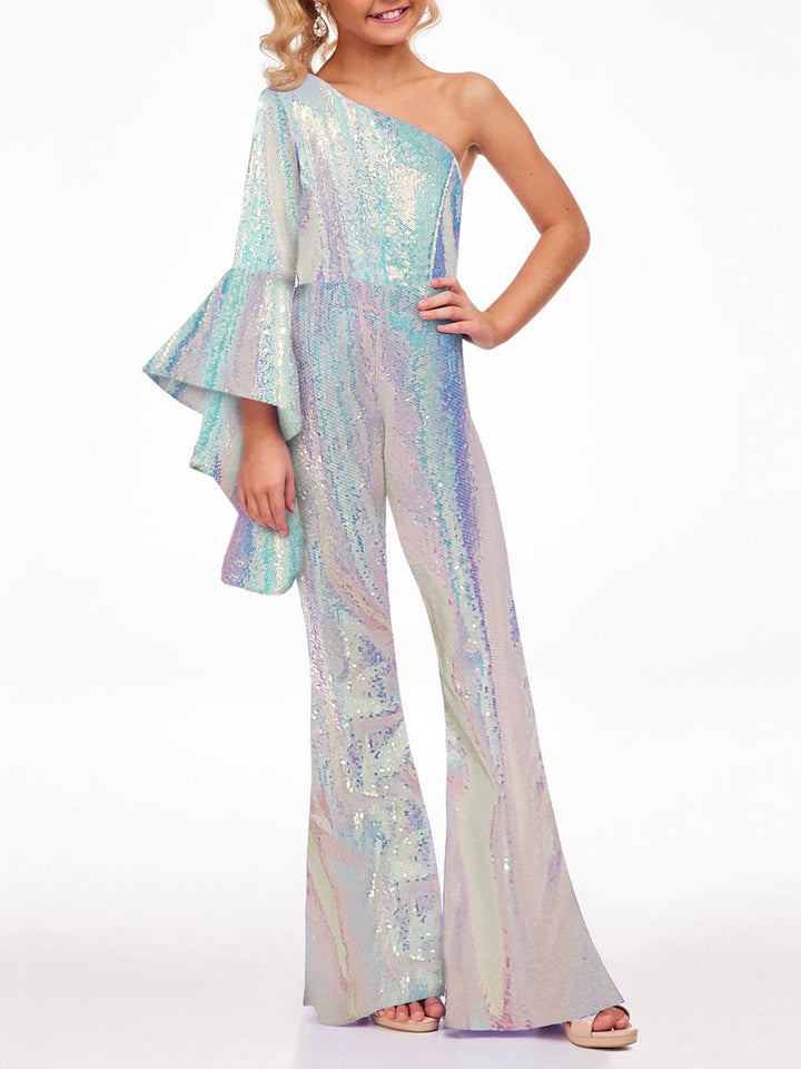 One-Shoulder Girls Rainbow Unicorn Jumpsuits