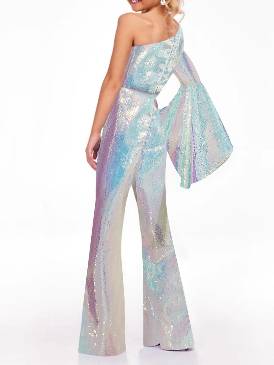 One-Shoulder Girls Rainbow Unicorn Jumpsuits