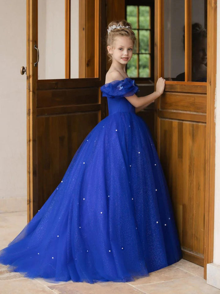 A-Line/Princess Off-the-shoulder Short Sleeves Floor Length Flower Girl Dresses with Pearls