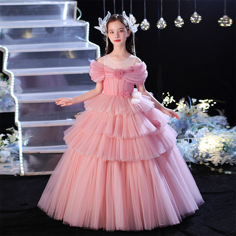 Ball Gown Off-the-shoulder Floor-Length Layers Pleats Flower Girl Dress with Flower