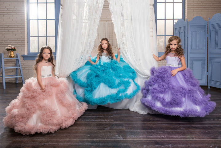 Layered Ruffle Ball Gown Flower Girl Dresses with Rhinestone