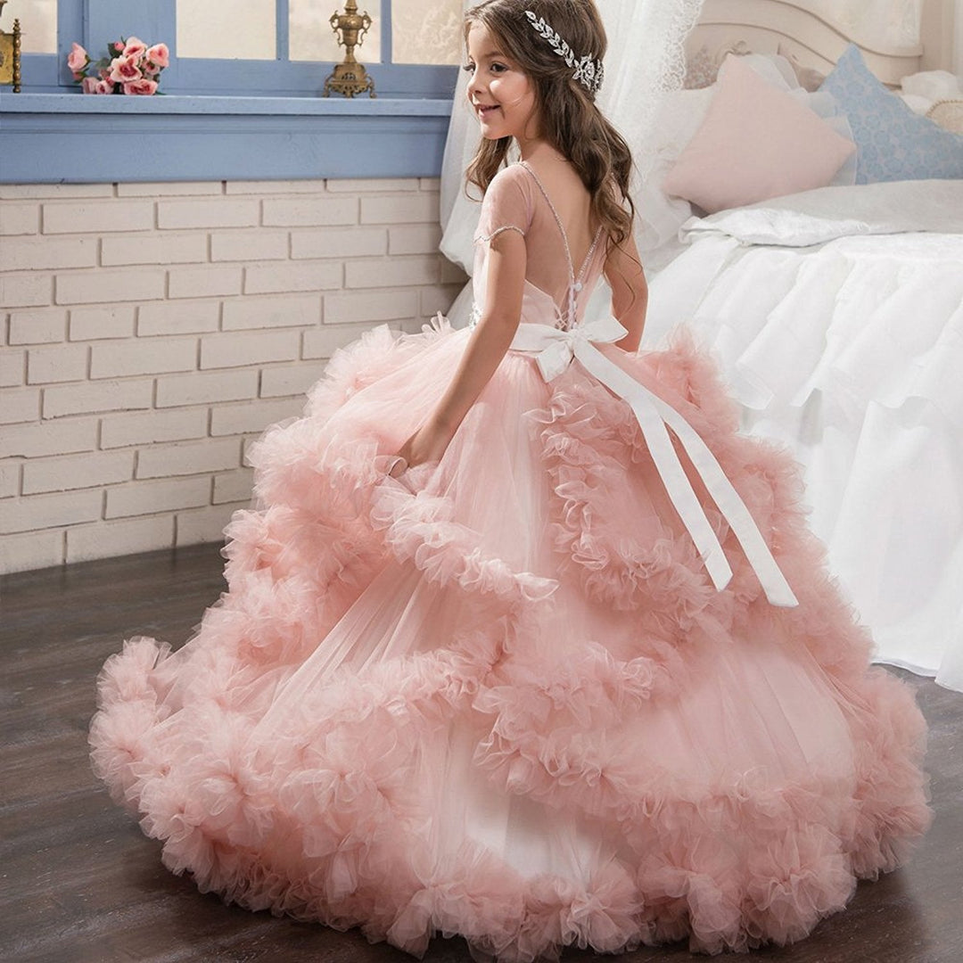 Layered Ruffle Ball Gown Flower Girl Dresses with Rhinestone