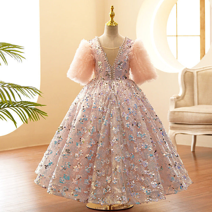 Ruffle Sleeves Floor Length Princess Flower Girl Party Dress with  Rhinestones & Beading