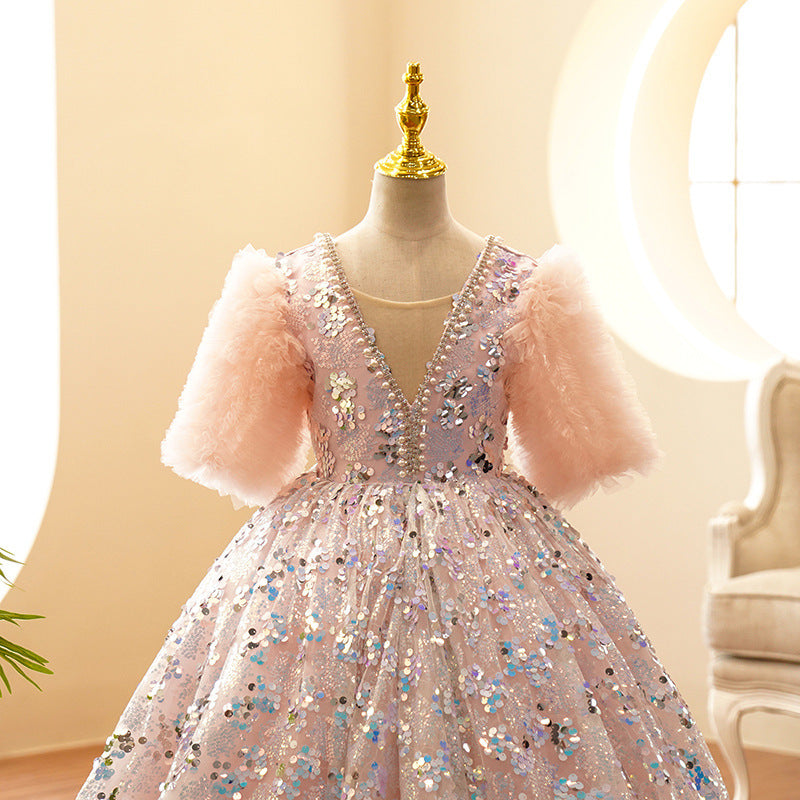 Ruffle Sleeves Floor Length Princess Flower Girl Party Dress with  Rhinestones & Beading