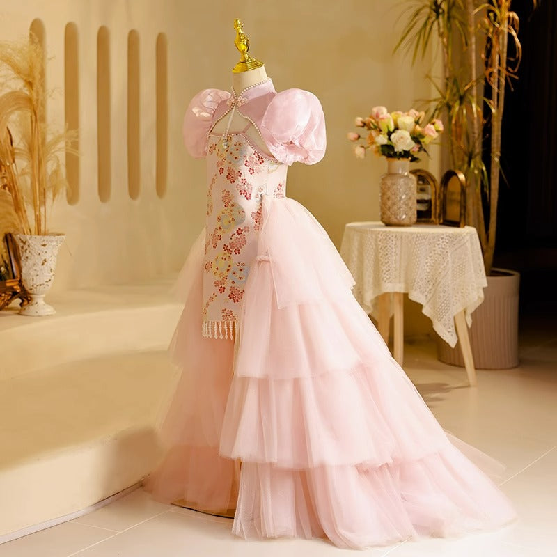 High Neck Traditional High-Low Embroidery Flower Girl Dress with Beading