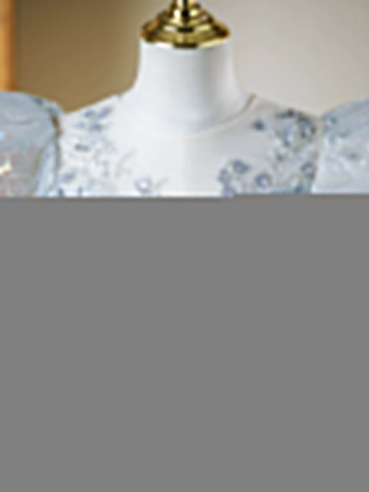 Tea Length Round Neck Short Sleeves Girl Party Dress with Crystal Appliques