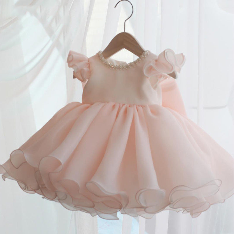 Knee Length Short Sleeves Round Neck Flower Girl Dress with Bow & Crystal