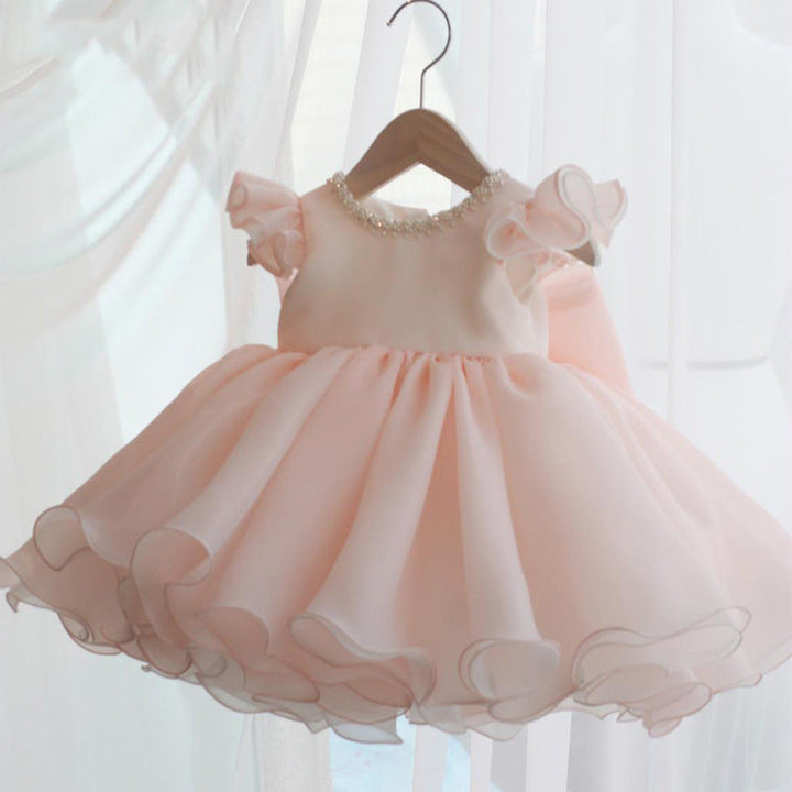 Knee Length Short Sleeves Round Neck Flower Girl Dress with Bow & Crystal