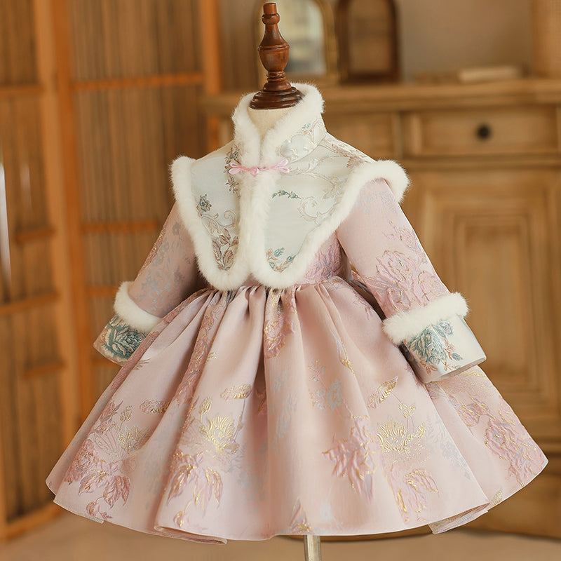 Tea Length High Neck Winter Long Sleeves Embroidery Baby Girl Dress with removed Scarf