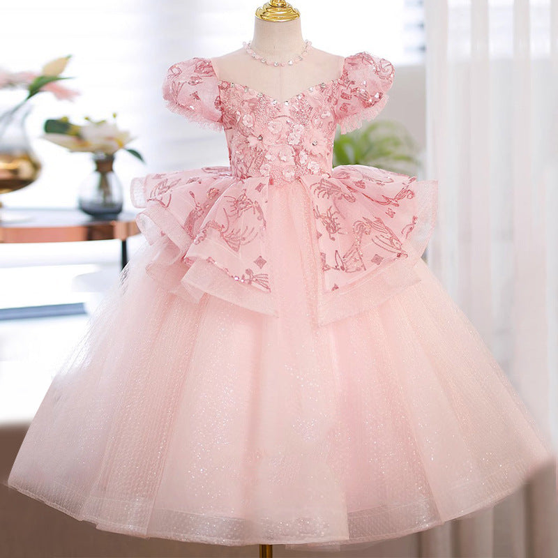 Rhinestone Round Neck Short Sleeves Ball Gown Girl Party Dress with Flowers