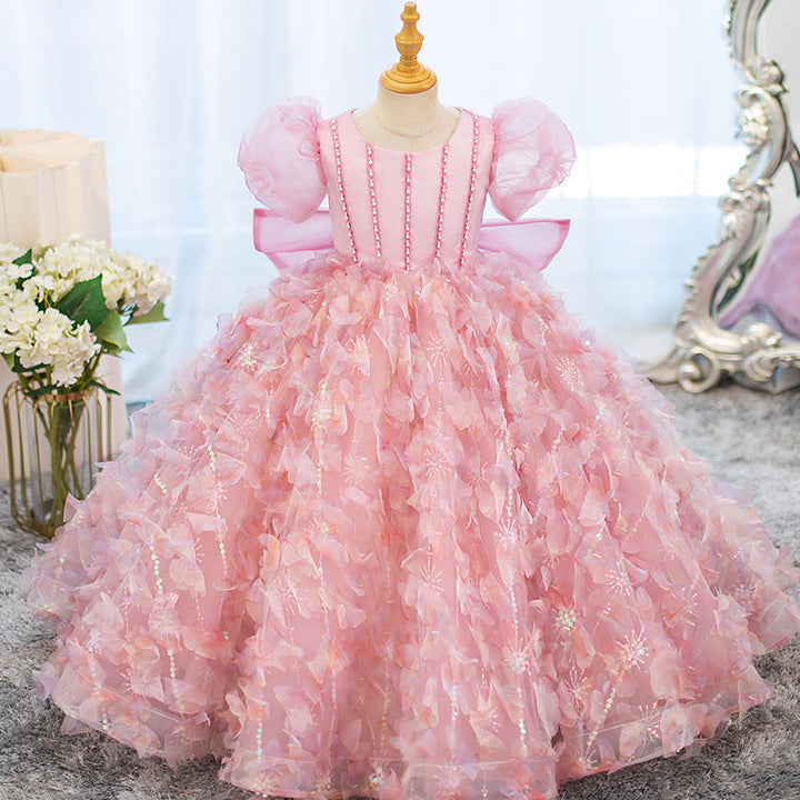 Ball Gown Short Sleeves Princess Girl Party Dresses with Rhinestone Flowers & Bow