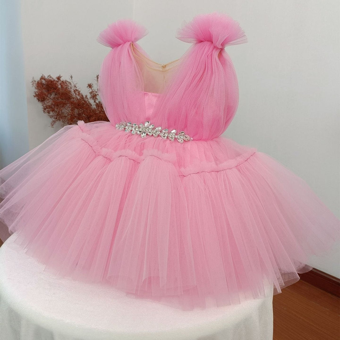 Sleeveless Round Neck Knee Length Princess Baby Girl Party Dress with Crystals