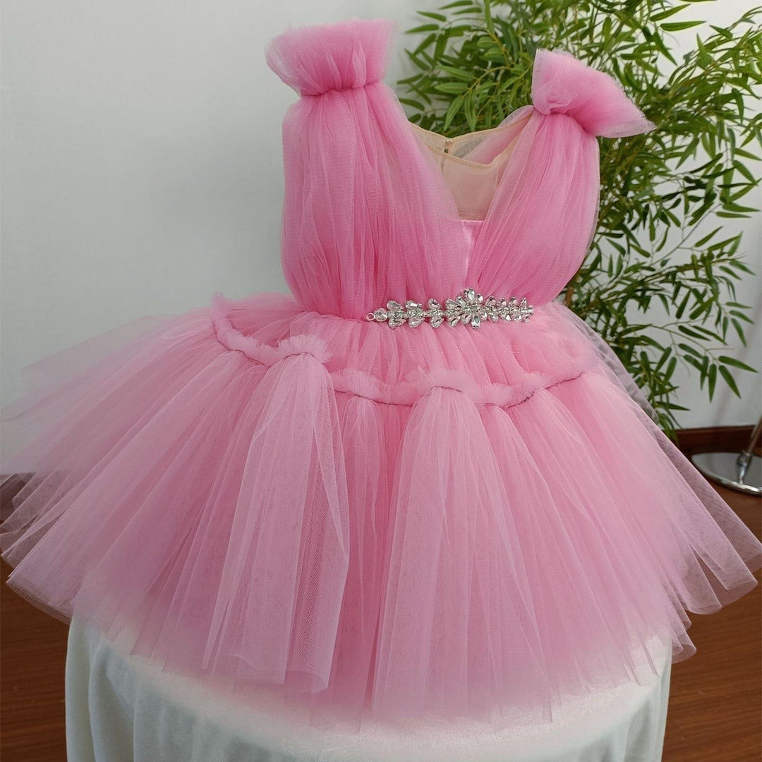 Sleeveless Round Neck Knee Length Princess Baby Girl Party Dress with Crystals