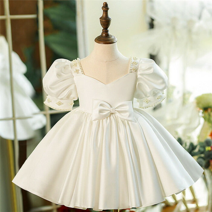 Beaded Short Sleeves Knee Length Square Neck Baby Flower Girl Dress with Bow