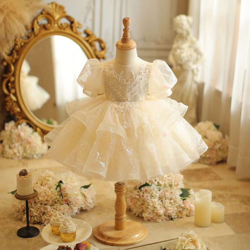 Short Sleeves A-Line/Princess Lace Baby Girl Dress with Beading Appliques & Bow