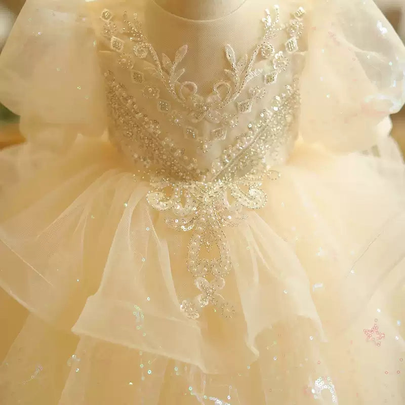 Short Sleeves A-Line/Princess Lace Baby Girl Dress with Beading Appliques & Bow