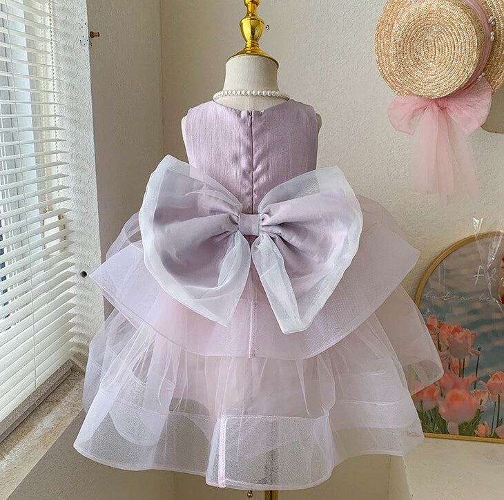 Sleeveless Round Neck Tea Length Princess Baby Girl Party Dress with Bowknot