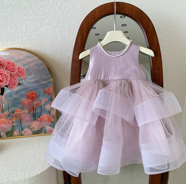 Sleeveless Round Neck Tea Length Princess Baby Girl Party Dress with Bowknot