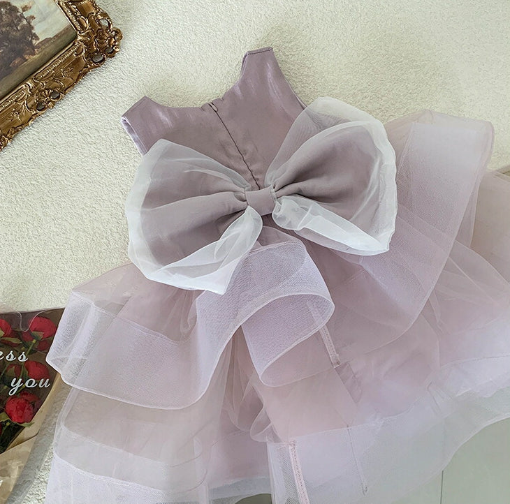 Sleeveless Round Neck Tea Length Princess Baby Girl Party Dress with Bowknot