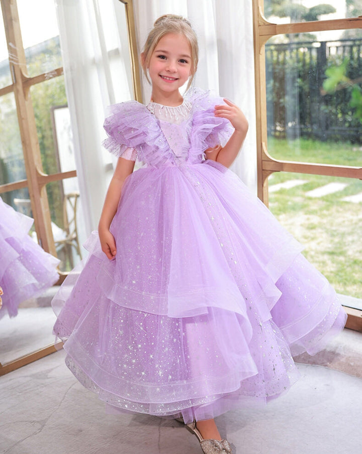 Ruffled Short Sleeves Floor Length Layered Girl Party Dresses with Beading Round Neck