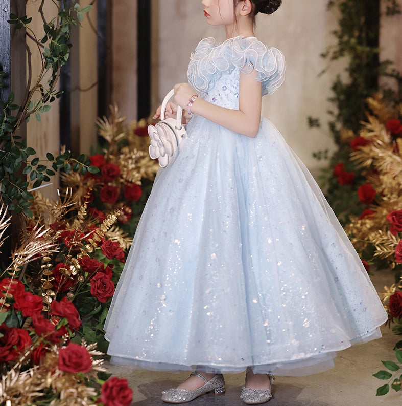 A-Line/Princess Short Sleeves Ruffled Flower Girl Party Dresses with Rhinestones