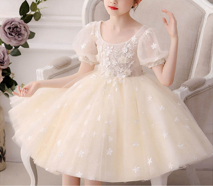 A-Line/Princess Short Sleeves Knee Length Lace Flower Girl Dresses with Appliques