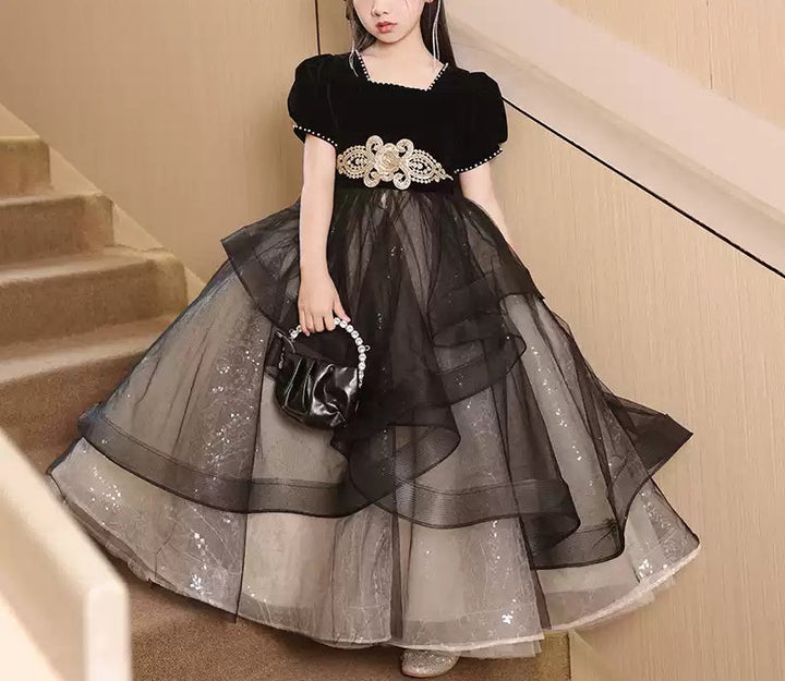 Ball Gown Square Neck Beaded Short Sleeves Girl Party Dress with Rhinestones Sash