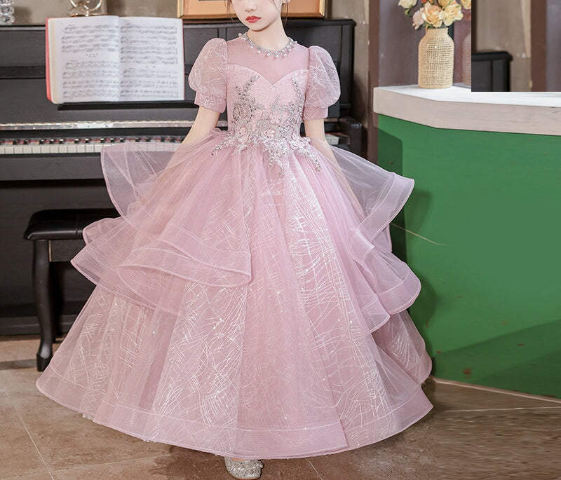 Short Sleeves Floor Length Princess Girl Party Dress with Rhinestones Appliques