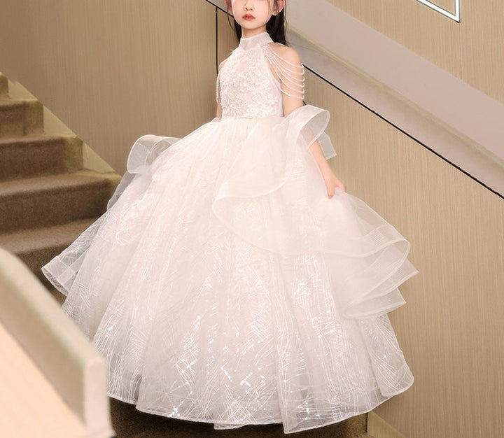 Ball Gown Halter Floor Length Girl Party Dresses with Beading Flower Appliques