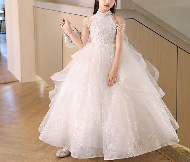 Ball Gown Halter Floor Length Girl Party Dresses with Beading Flower Appliques