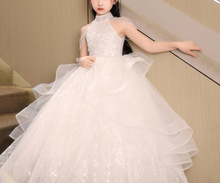 Ball Gown Halter Floor Length Girl Party Dresses with Beading Flower Appliques