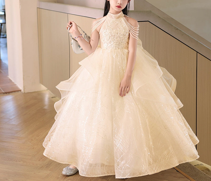 Ball Gown Halter Floor Length Girl Party Dresses with Beading Flower Appliques