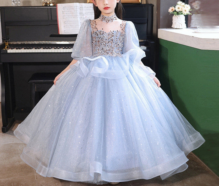 Ball Gown High Neck 3/4 Sleeves Flower Girl Party Dress with Rhinestones