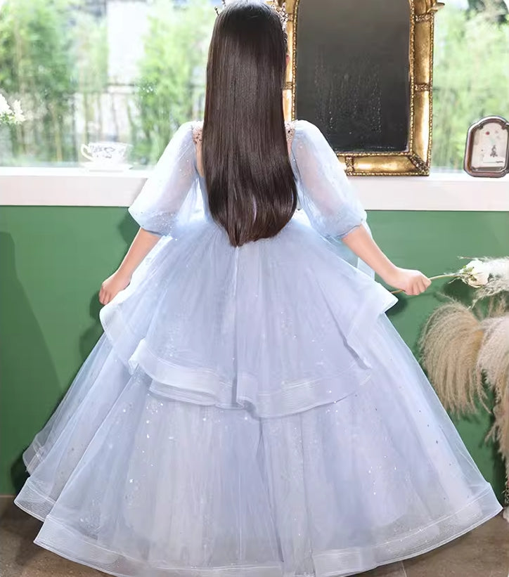 Ball Gown High Neck 3/4 Sleeves Flower Girl Party Dress with Rhinestones