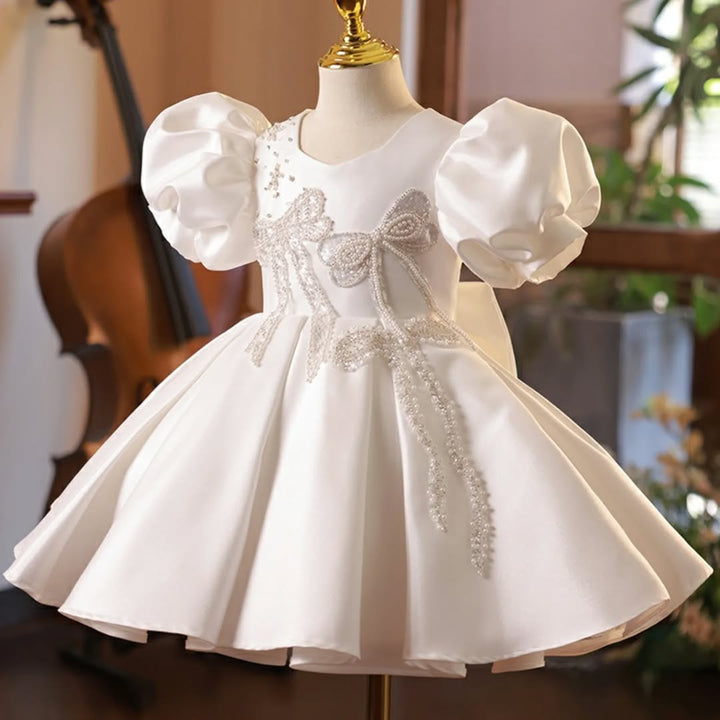 A-Line/Princess Short Sleeves Knee-Length Baby Beaded Flower Girl Dress with Bow