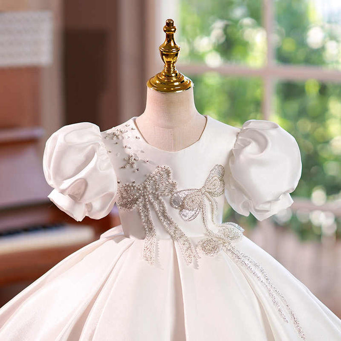 A-Line/Princess Short Sleeves Knee-Length Baby Beaded Flower Girl Dress with Bow