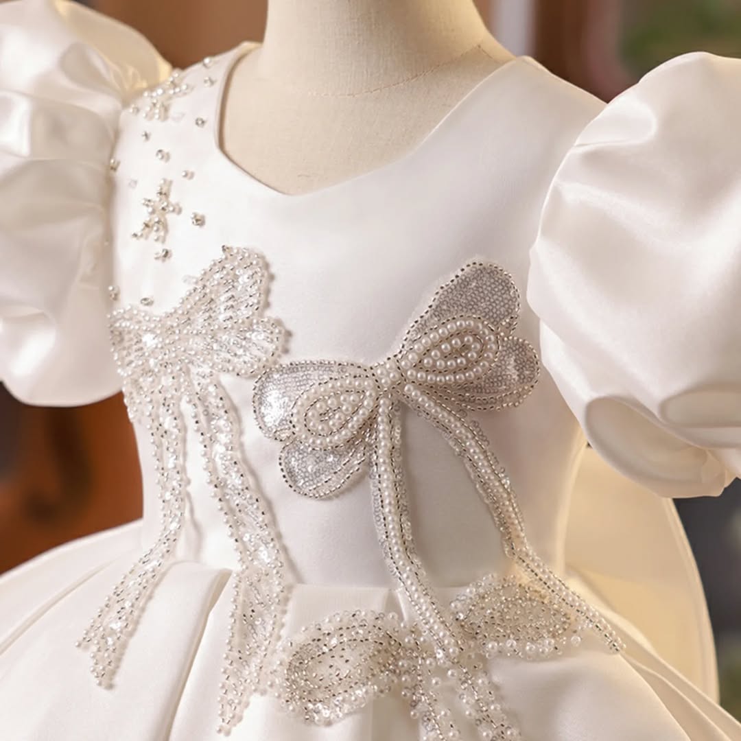 A-Line/Princess Short Sleeves Knee-Length Baby Beaded Flower Girl Dress with Bow