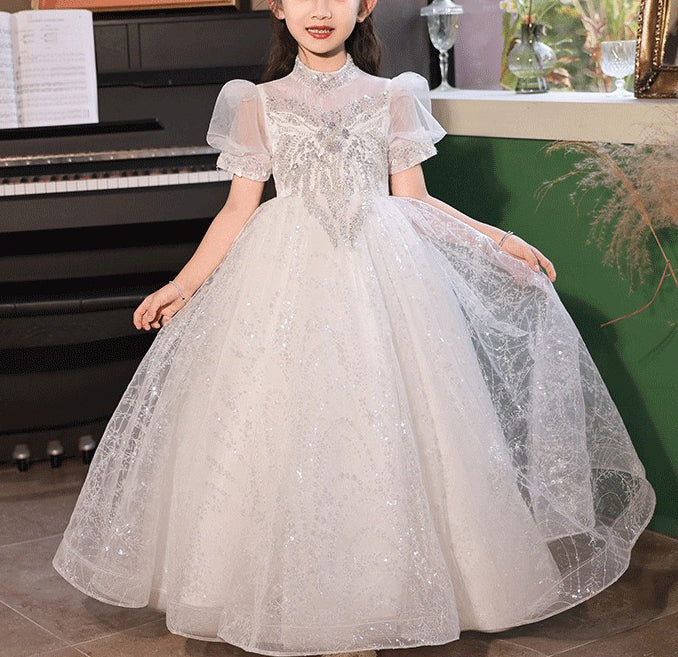 A-Line/princess Short Sleeves High Neck Flower Girl Lace Dress with Crystal Appliques