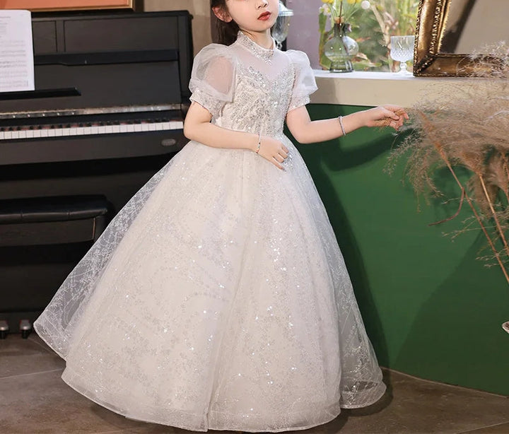 A-Line/princess Short Sleeves High Neck Flower Girl Lace Dress with Crystal Appliques