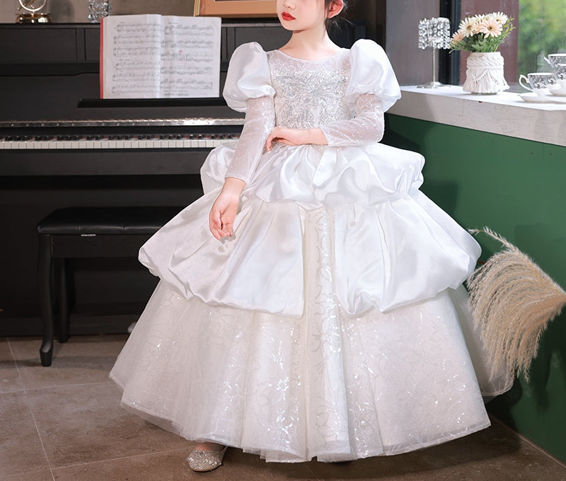 Ball Gown Long Sleeves Ruched Flower Girl Lace Party Dress with Crystal Appliques