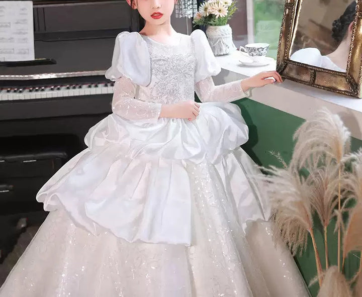 Ball Gown Long Sleeves Ruched Flower Girl Lace Party Dress with Crystal Appliques