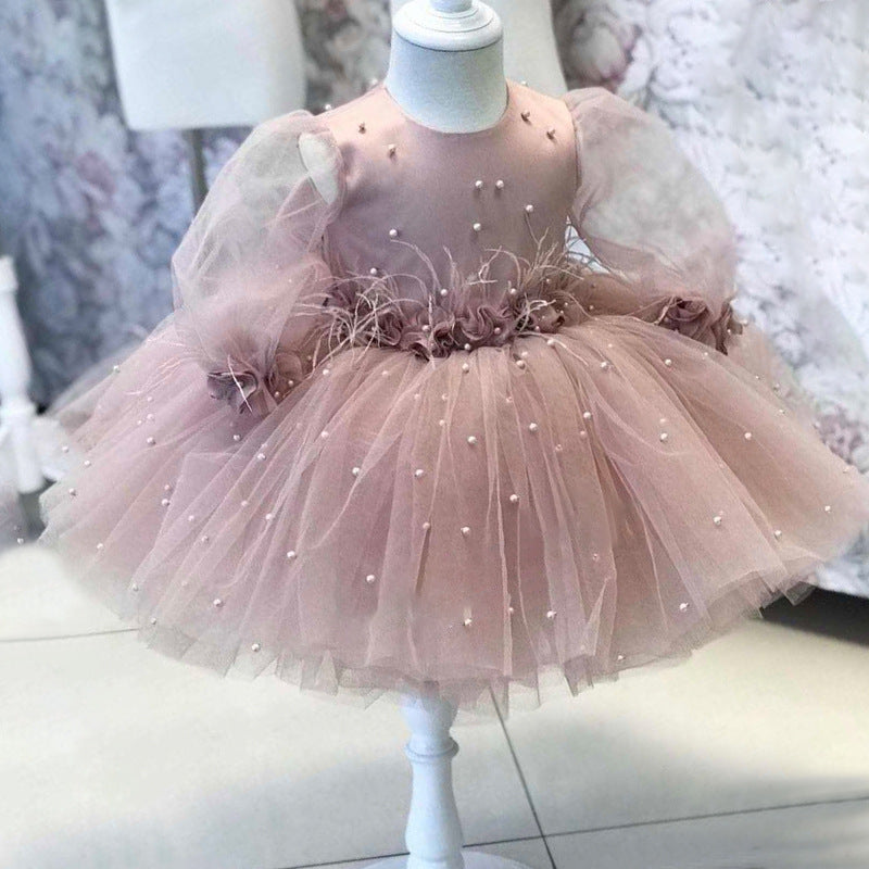 Ball Gown Long Sleeves Knee-Length Beading Baby Girl Party Dress with Feathers & Bow