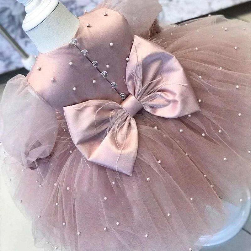 Ball Gown Long Sleeves Knee-Length Beading Baby Girl Party Dress with Feathers & Bow