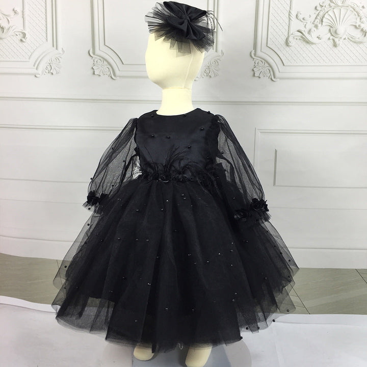 Ball Gown Long Sleeves Knee-Length Beading Baby Girl Party Dress with Feathers & Bow