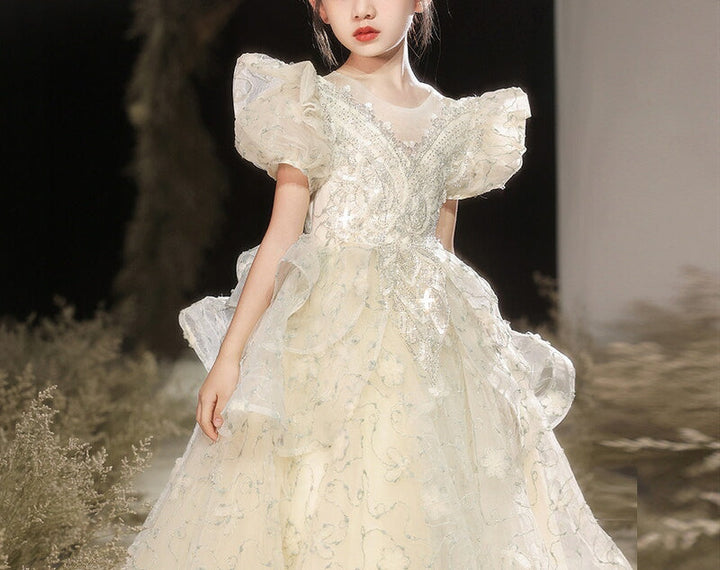 A-Line/Princess Short Sleeves Flower Girl Party Dress with Rhinestone Appliques