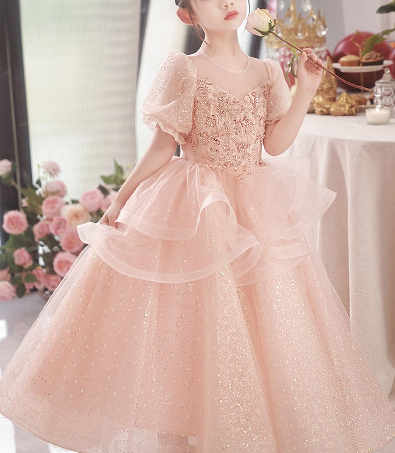 A-Line/Princess Round Neck Short Sleeves Flower Girl Party Dress with Crystal Appliques