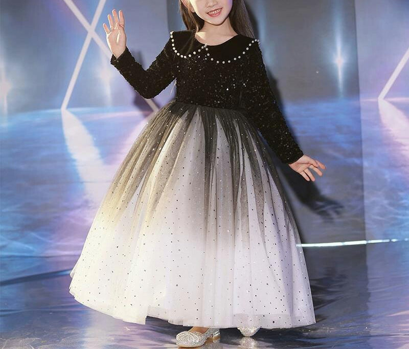 Beading Lapel Long Sleeves Princess Flower Girl Party Dress with Crystals