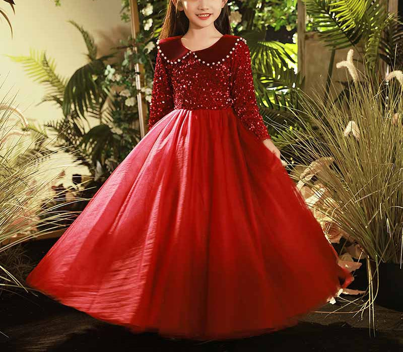 Beading Lapel Long Sleeves Princess Flower Girl Party Dress with Crystals